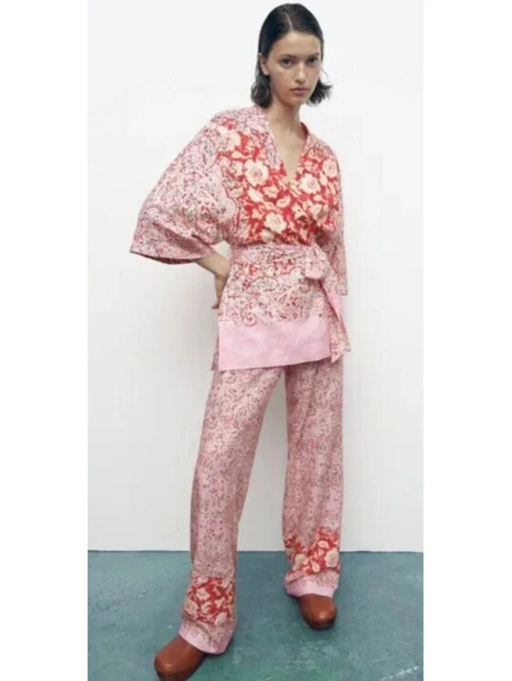 ZARA XS Pink Floral Paisley Linen Palazzo Pants Wide Straight Leg